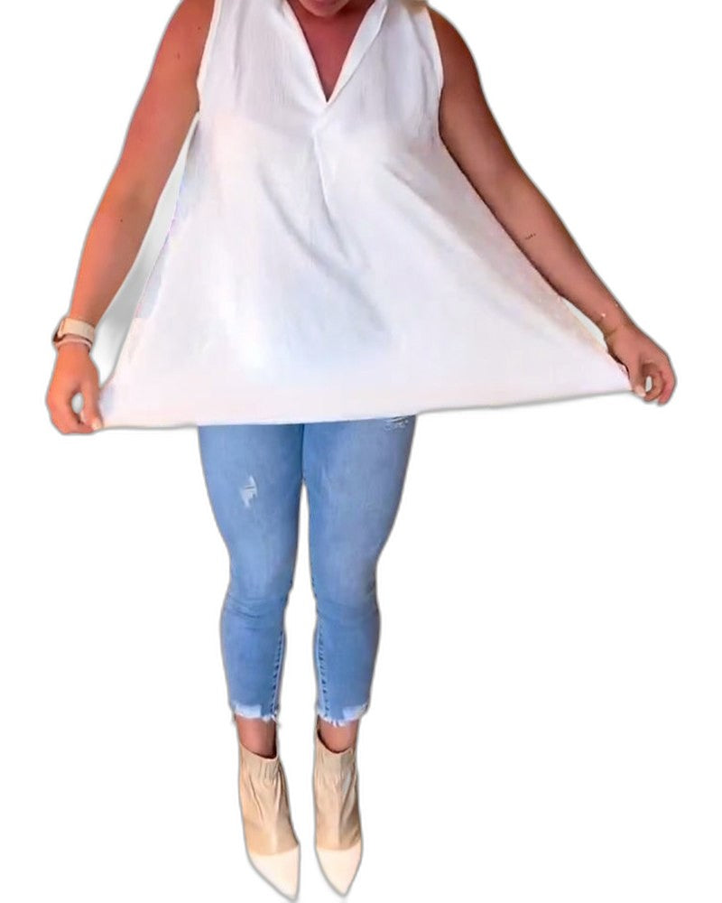 Effortless White Chiffon Tank Top for Women with Collared Sleeveless Button Front Flowing Casual Style