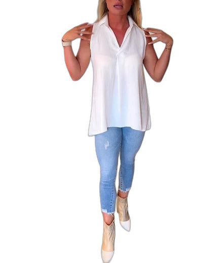 Effortless White Chiffon Tank Top for Women with Collared Sleeveless Button Front Flowing Casual Style
