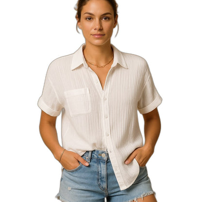 Effortless White Cotton Shirt for Women with Collared Short Sleeve Button Front Pockets Casual Style