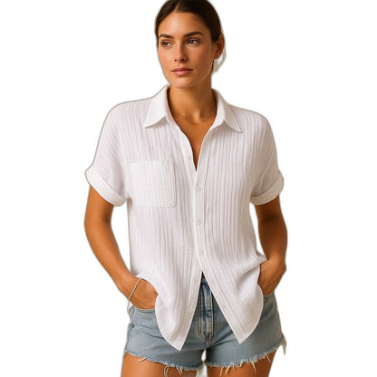 Effortless White Cotton Shirt for Women with Collared Short Sleeve Button Front Pockets Casual Style