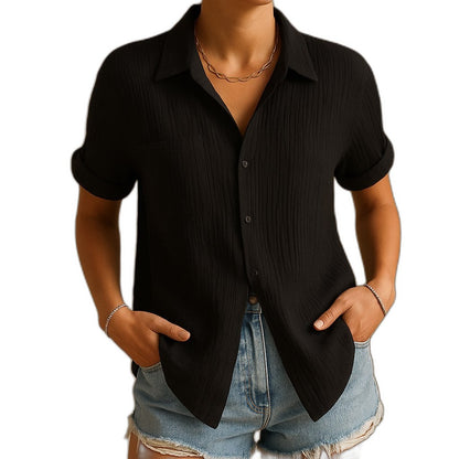 Effortless White Cotton Shirt for Women with Collared Short Sleeve Button Front Pockets Casual Style