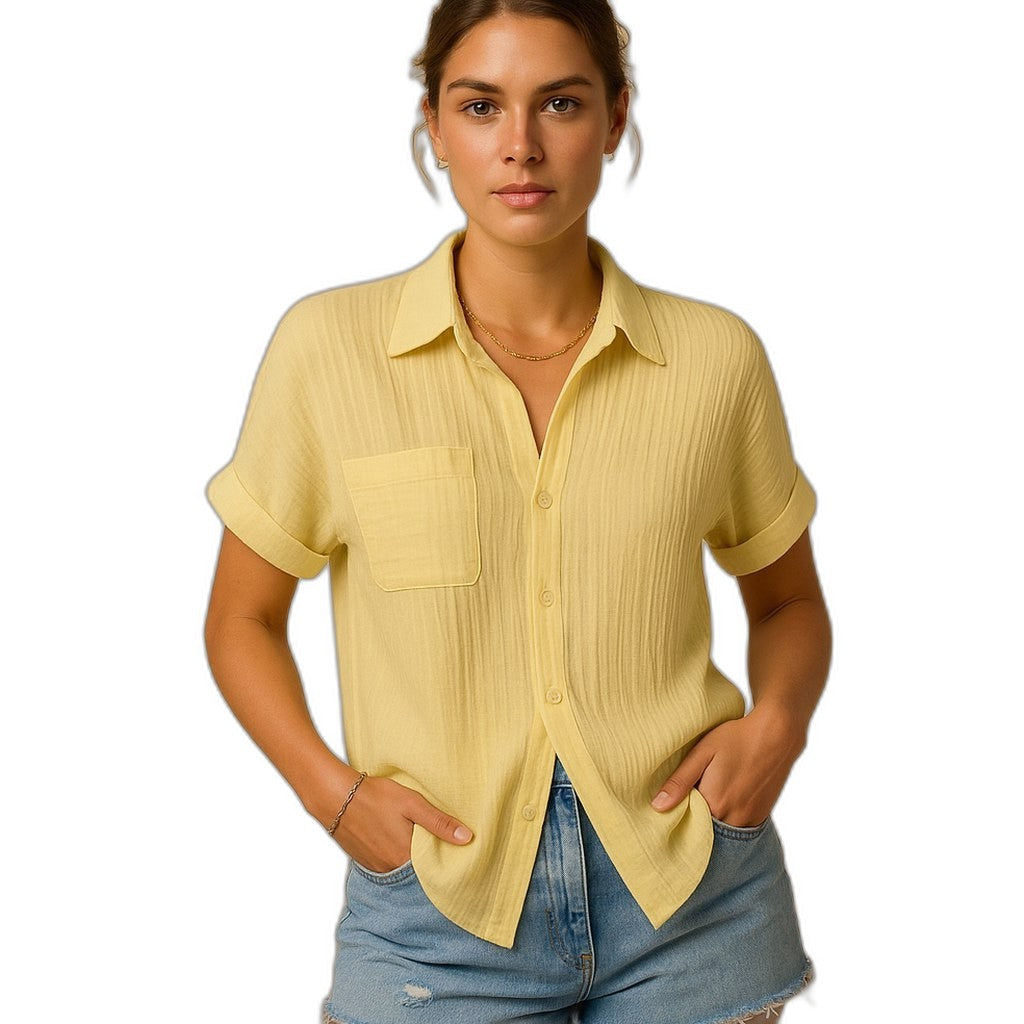 Effortless White Cotton Shirt for Women with Collared Short Sleeve Button Front Pockets Casual Style