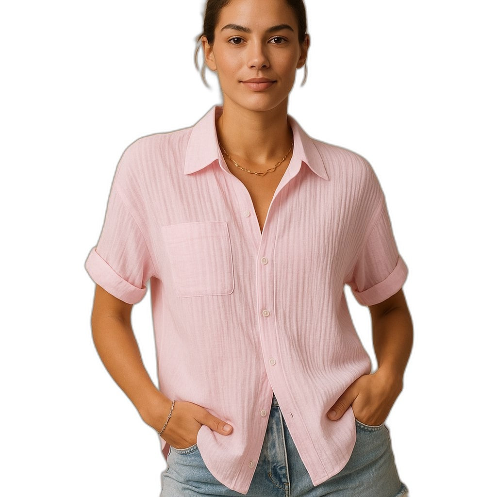 Effortless White Cotton Shirt for Women with Collared Short Sleeve Button Front Pockets Casual Style