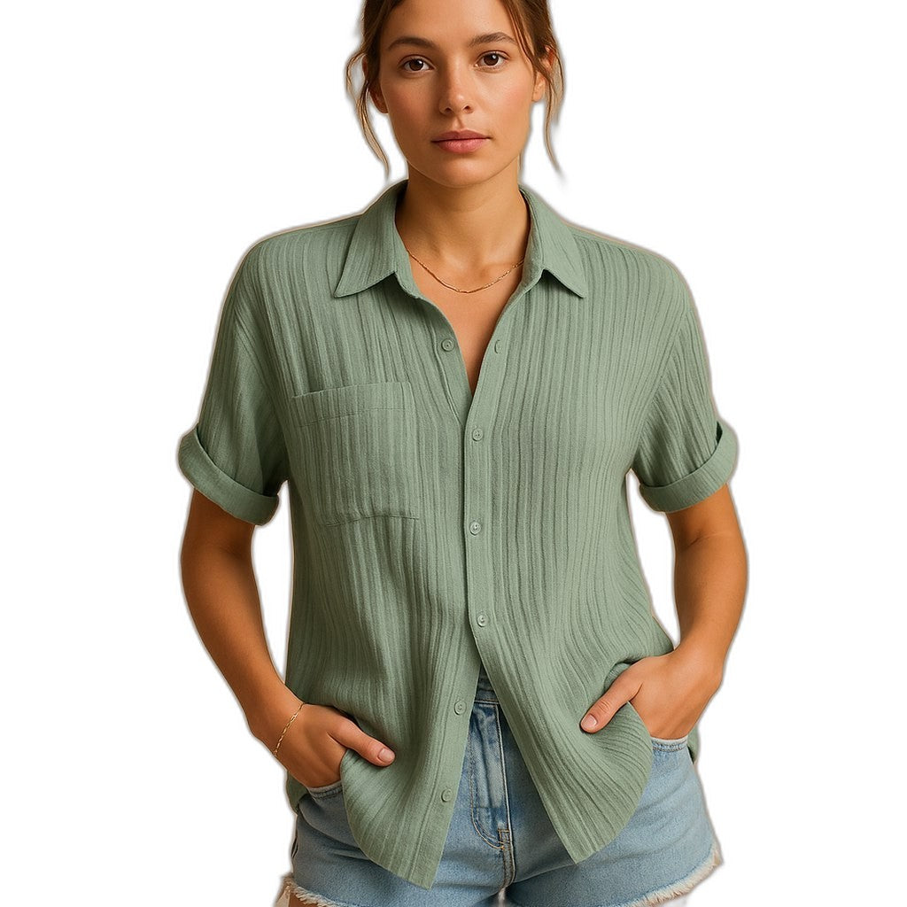 Effortless White Cotton Shirt for Women with Collared Short Sleeve Button Front Pockets Casual Style