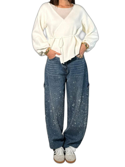 Effortless White Denim Blouse for Women with V Neck Long Sleeve Wrap Peplum Casual Style