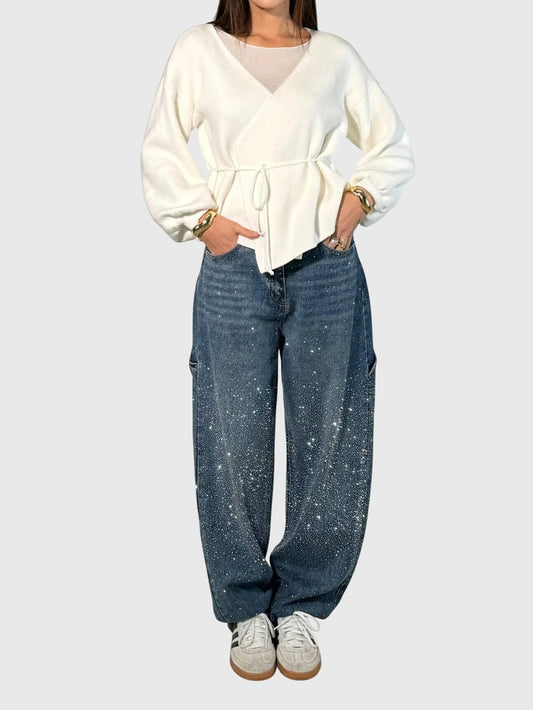 Effortless White Denim Blouse for Women with V Neck Long Sleeve Wrap Peplum Casual Style