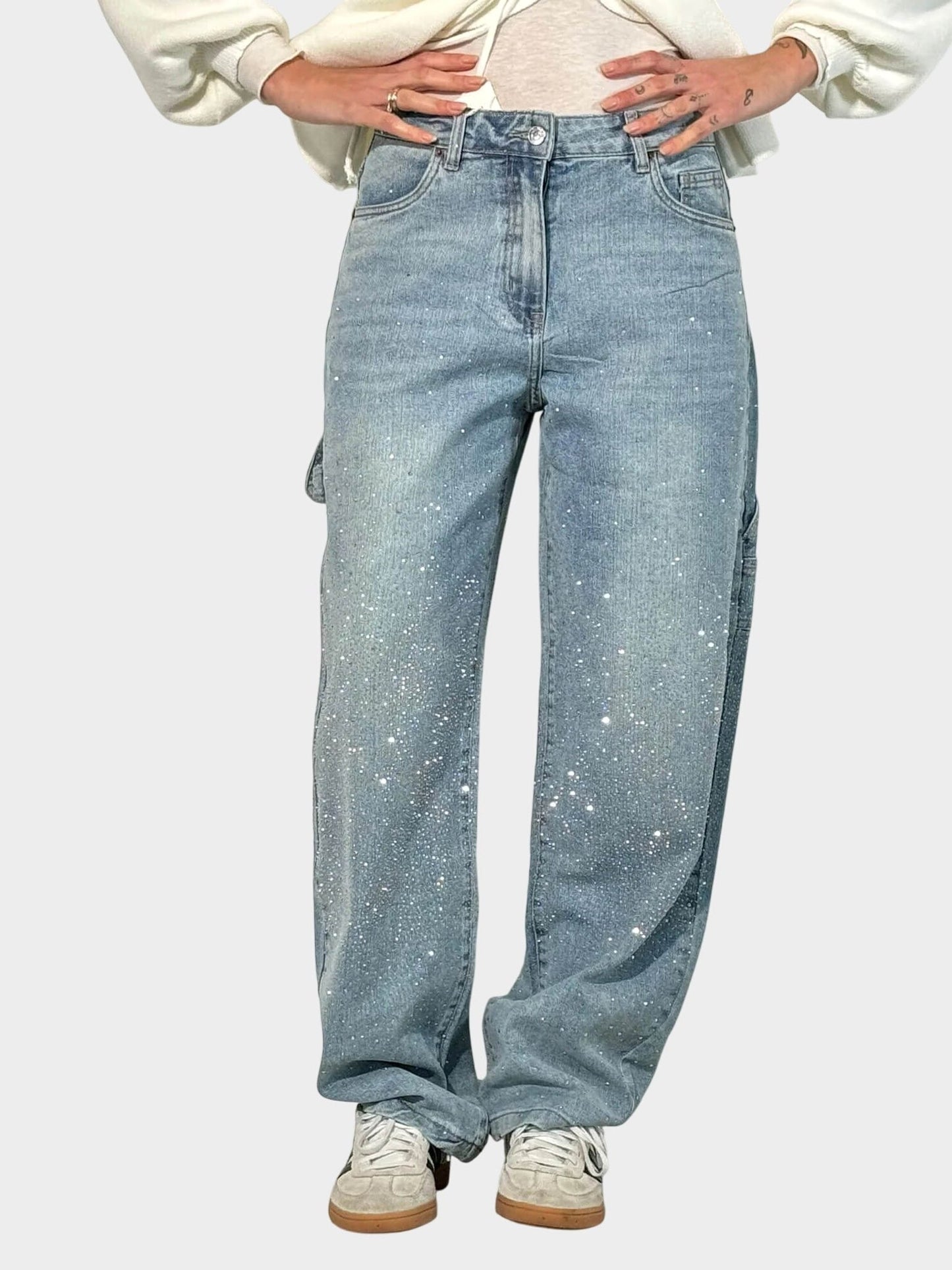 Effortless White Denim Blouse for Women with V Neck Long Sleeve Wrap Peplum Casual Style