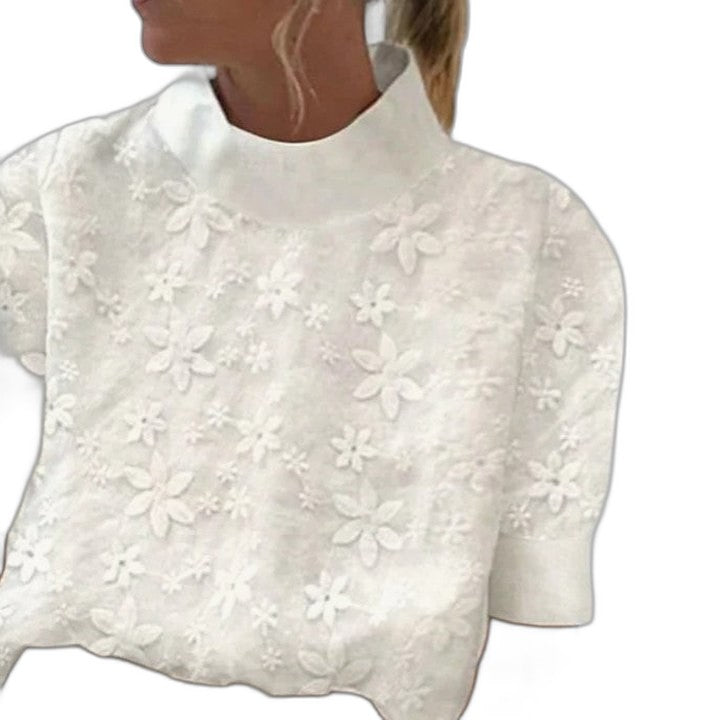 Effortless White Floral Blouse for Women with High Neck Short Sleeve Casual Style