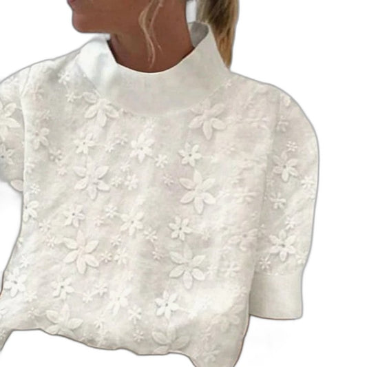 Effortless White Floral Blouse for Women with High Neck Short Sleeve Casual Style