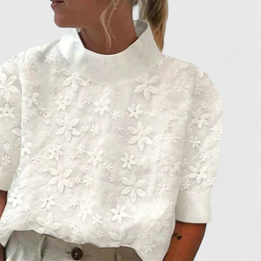Effortless White Floral Blouse for Women with High Neck Short Sleeve Casual Style
