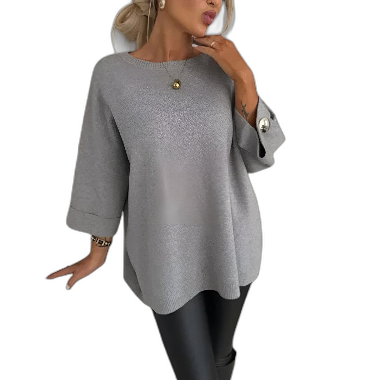 Effortless White Knit Sweater for Women with Crew Neck Long Sleeve Oversized Casual Style