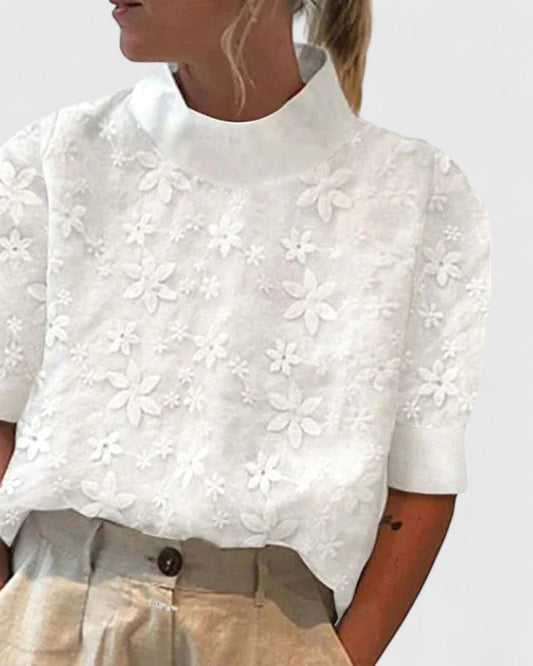 Effortless White Lace Blouse for Women with High Neck Short Sleeve Casual Style