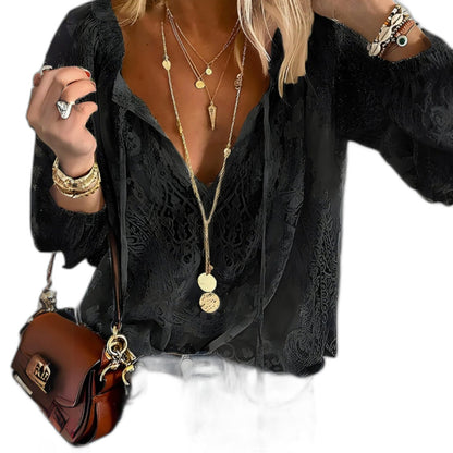 Effortless White Lace Blouse for Women with V Neck Long Sleeve Button Front Flowing Casual Style