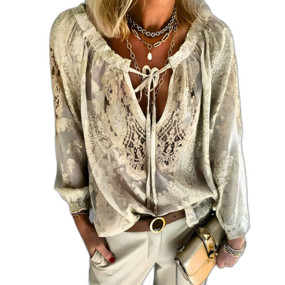 Effortless White Lace Blouse for Women with V Neck Long Sleeve Button Front Flowing Casual Style