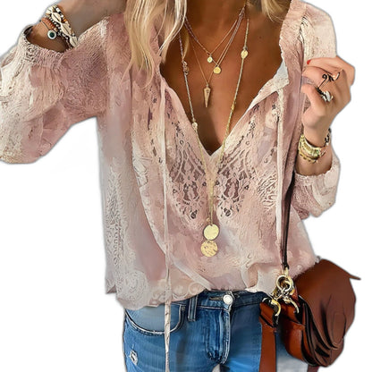Effortless White Lace Blouse for Women with V Neck Long Sleeve Button Front Flowing Casual Style