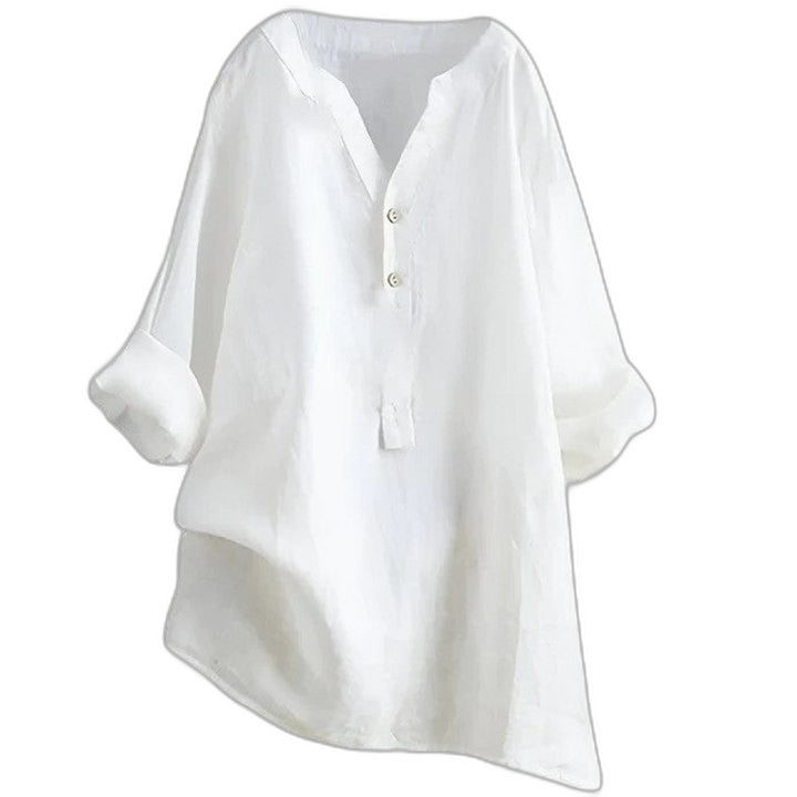 Effortless White Linen Blouse for Women with Collared Long Sleeve Button Front Oversized Casual Style