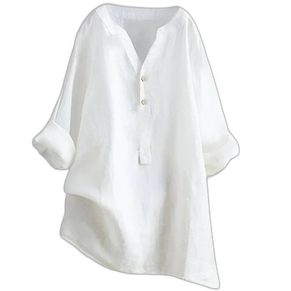 Effortless White Linen Blouse for Women with Collared Long Sleeve Button Front Oversized Casual Style