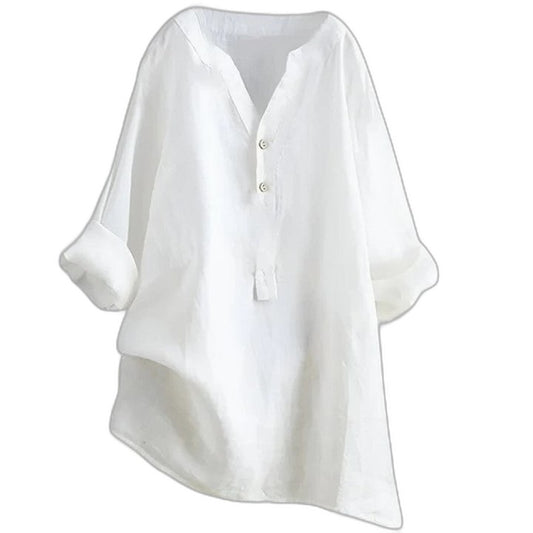 Effortless White Linen Blouse for Women with Collared Long Sleeve Button Front Oversized Casual Style