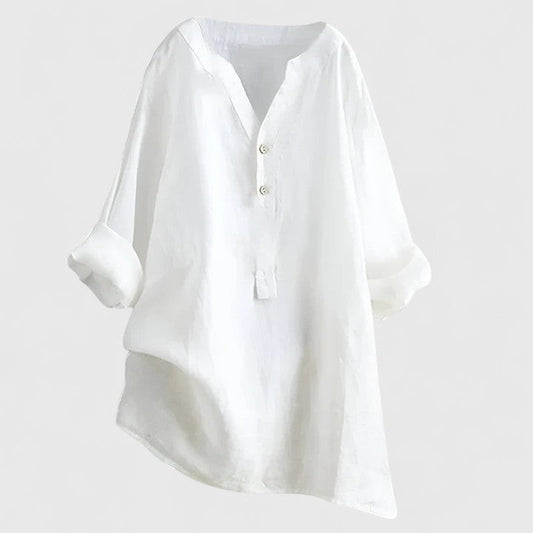 Effortless White Linen Blouse for Women with Collared Long Sleeve Button Front Oversized Casual Style