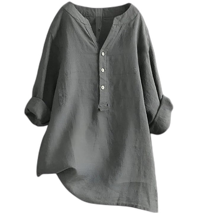 Effortless White Linen Blouse for Women with Collared Long Sleeve Button Front Oversized Casual Style