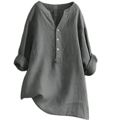 Effortless White Linen Blouse for Women with Collared Long Sleeve Button Front Oversized Casual Style