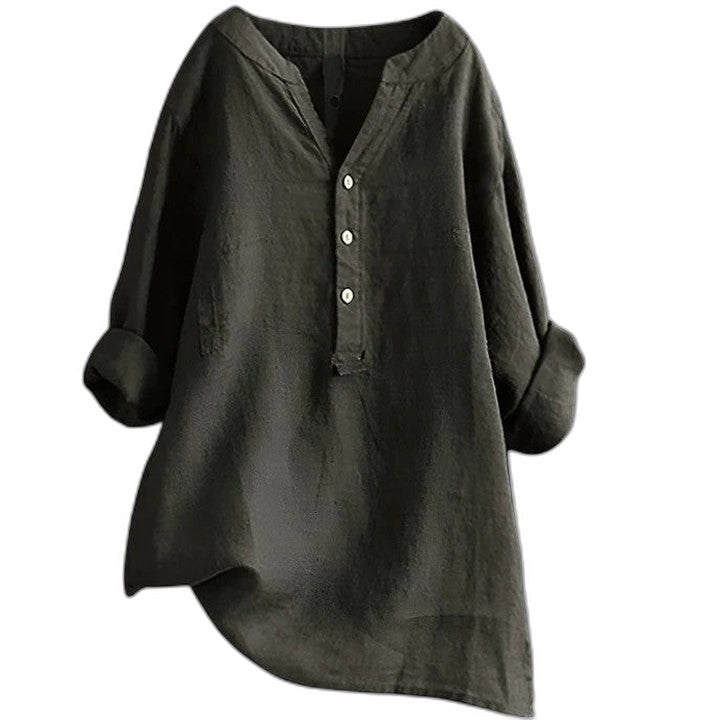 Effortless White Linen Blouse for Women with Collared Long Sleeve Button Front Oversized Casual Style