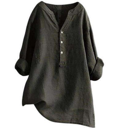 Effortless White Linen Blouse for Women with Collared Long Sleeve Button Front Oversized Casual Style