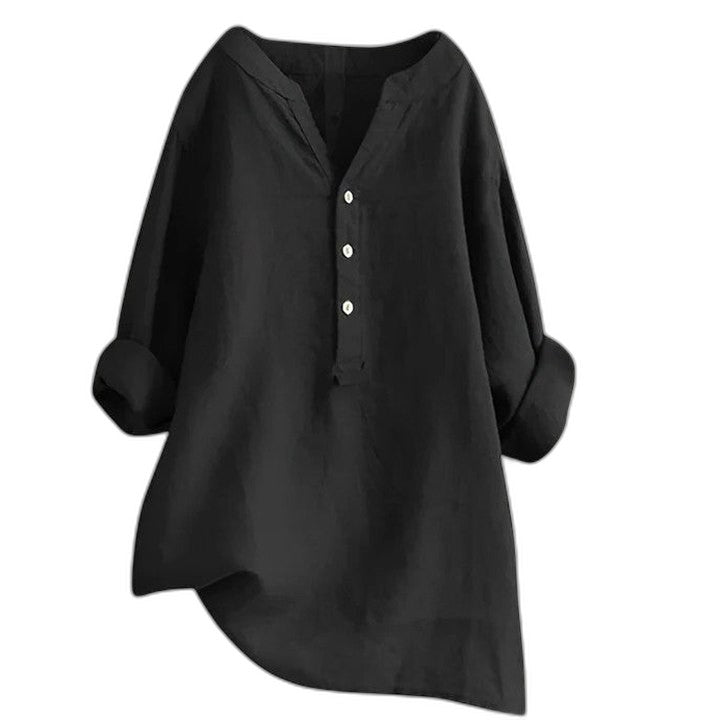 Effortless White Linen Blouse for Women with Collared Long Sleeve Button Front Oversized Casual Style