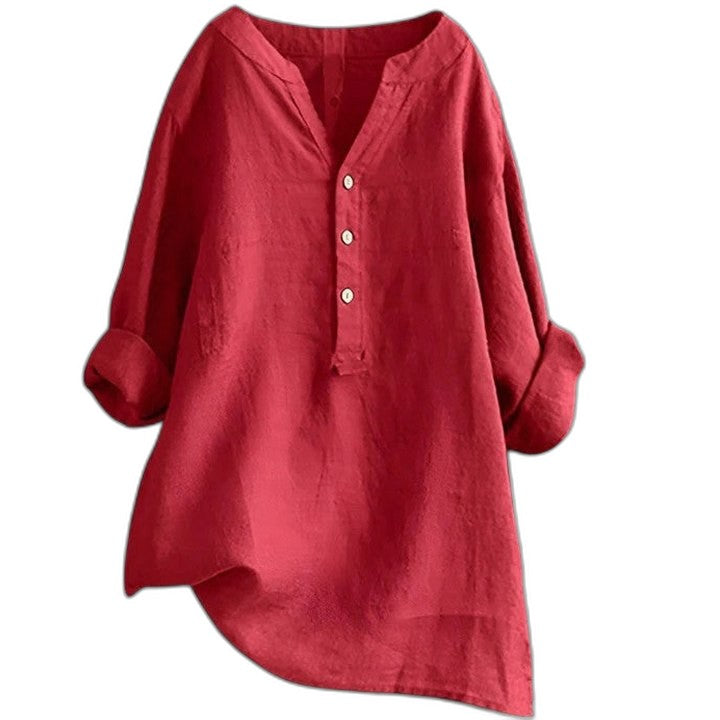 Effortless White Linen Blouse for Women with Collared Long Sleeve Button Front Oversized Casual Style