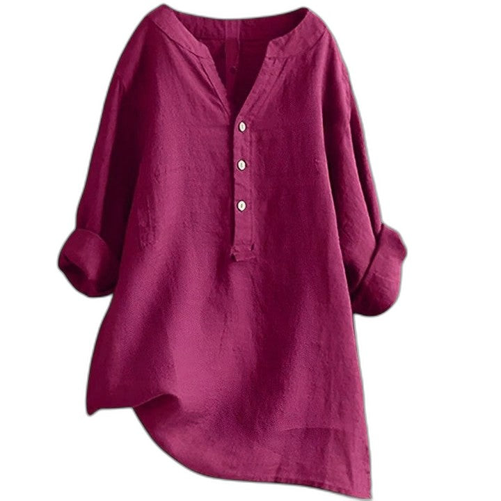 Effortless White Linen Blouse for Women with Collared Long Sleeve Button Front Oversized Casual Style