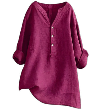 Effortless White Linen Blouse for Women with Collared Long Sleeve Button Front Oversized Casual Style