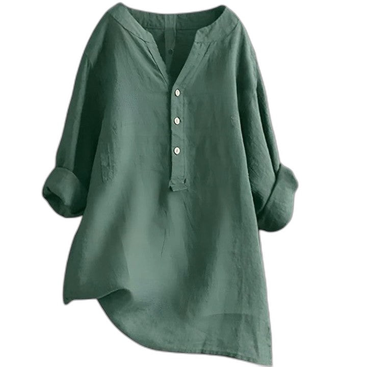 Effortless White Linen Blouse for Women with Collared Long Sleeve Button Front Oversized Casual Style