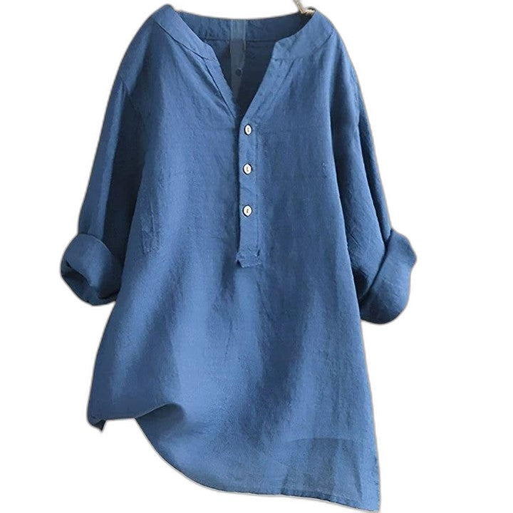 Effortless White Linen Blouse for Women with Collared Long Sleeve Button Front Oversized Casual Style