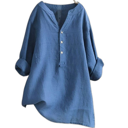 Effortless White Linen Blouse for Women with Collared Long Sleeve Button Front Oversized Casual Style