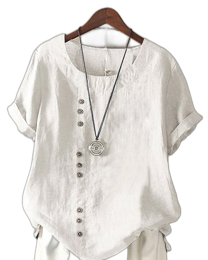 Effortless White Linen Blouse for Women with V Neck Short Sleeve Button Front Oversized Casual Style