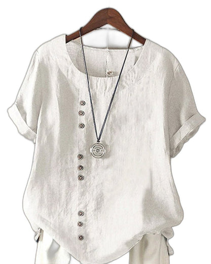 Effortless White Linen Blouse for Women with V Neck Short Sleeve Button Front Oversized Casual Style