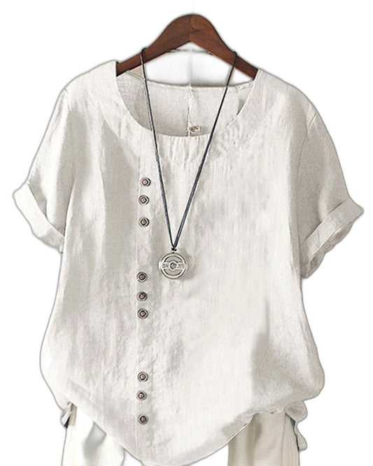 Effortless White Linen Blouse for Women with V Neck Short Sleeve Button Front Oversized Casual Style