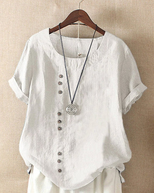 Effortless White Linen Blouse for Women with V Neck Short Sleeve Button Front Oversized Casual Style