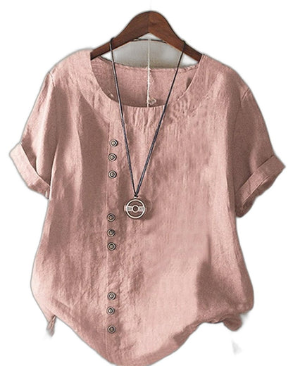 Effortless White Linen Blouse for Women with V Neck Short Sleeve Button Front Oversized Casual Style