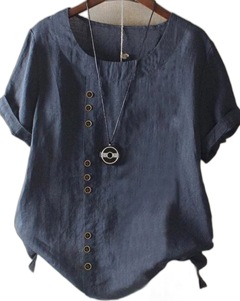 Effortless White Linen Blouse for Women with V Neck Short Sleeve Button Front Oversized Casual Style
