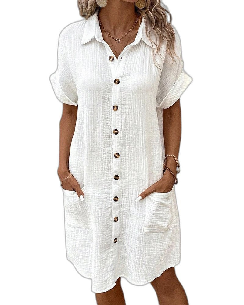 Effortless White Linen Midi Dress for Women with Collared Short Sleeve Button Front Flowing Pockets Casual Style