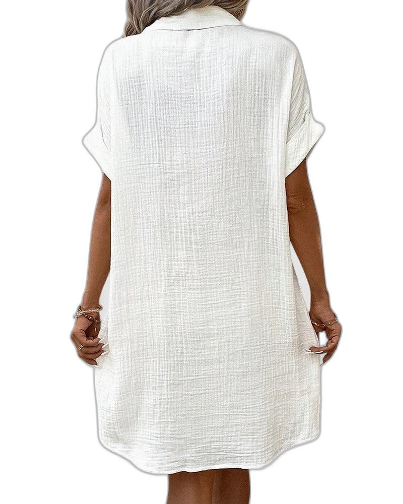 Effortless White Linen Midi Dress for Women with Collared Short Sleeve Button Front Flowing Pockets Casual Style
