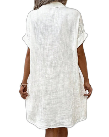 Effortless White Linen Midi Dress for Women with Collared Short Sleeve Button Front Flowing Pockets Casual Style