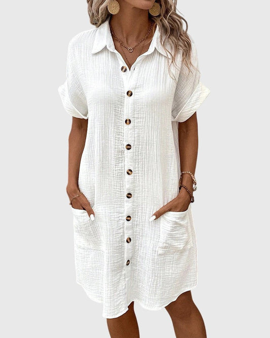Effortless White Linen Midi Dress for Women with Collared Short Sleeve Button Front Flowing Pockets Casual Style