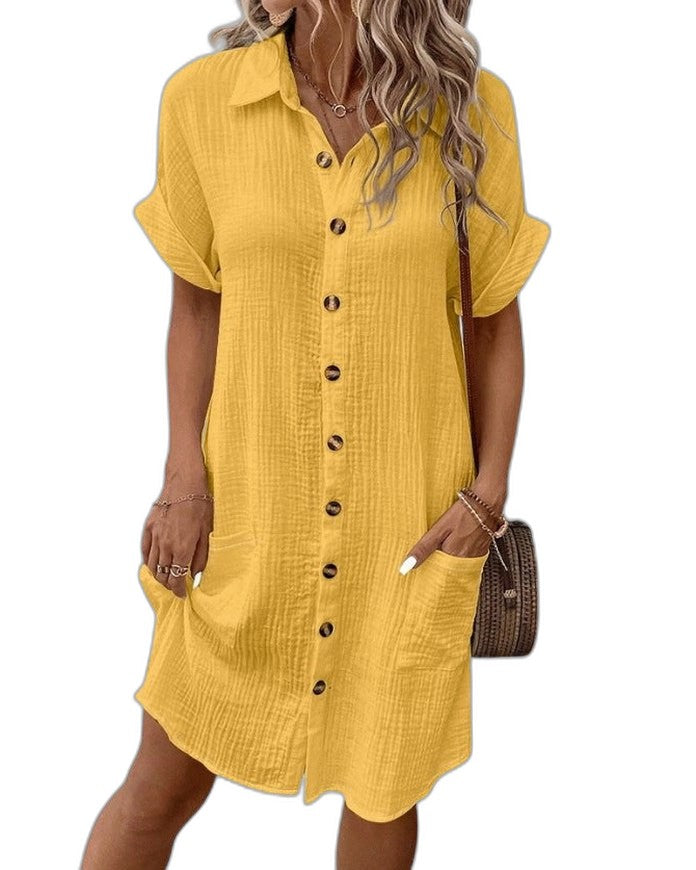 Effortless White Linen Midi Dress for Women with Collared Short Sleeve Button Front Flowing Pockets Casual Style