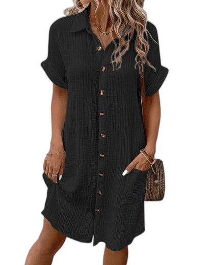 Effortless White Linen Midi Dress for Women with Collared Short Sleeve Button Front Flowing Pockets Casual Style