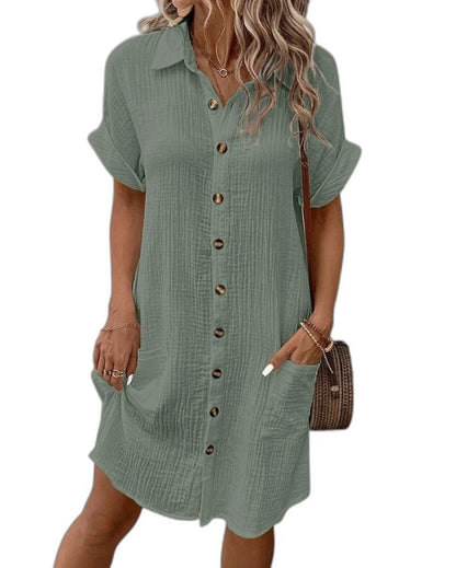 Effortless White Linen Midi Dress for Women with Collared Short Sleeve Button Front Flowing Pockets Casual Style