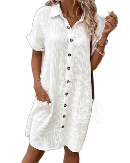 Effortless White Linen Midi Dress for Women with Collared Short Sleeve Button Front Flowing Pockets Casual Style