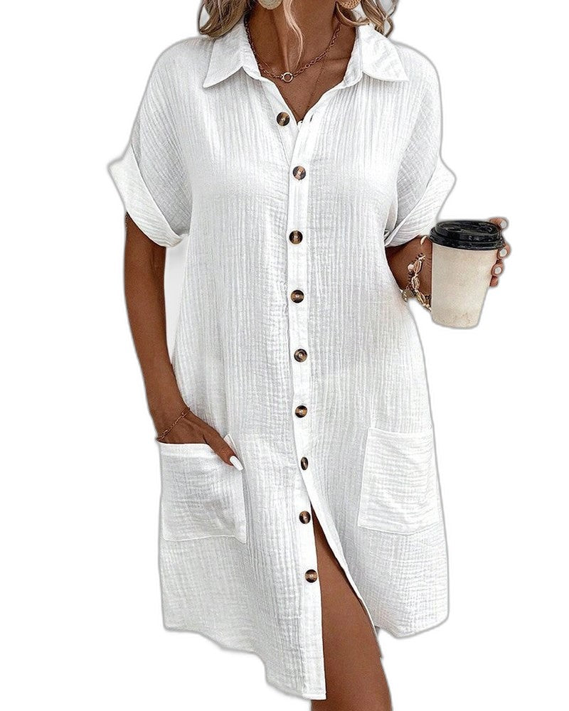 Effortless White Linen Midi Dress for Women with Collared Short Sleeve Button Front Flowing Pockets Casual Style
