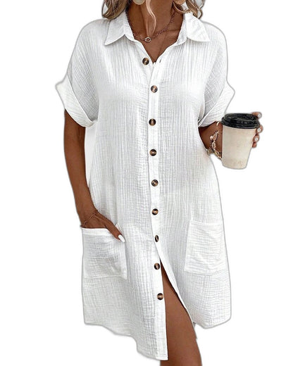 Effortless White Linen Midi Dress for Women with Collared Short Sleeve Button Front Flowing Pockets Casual Style